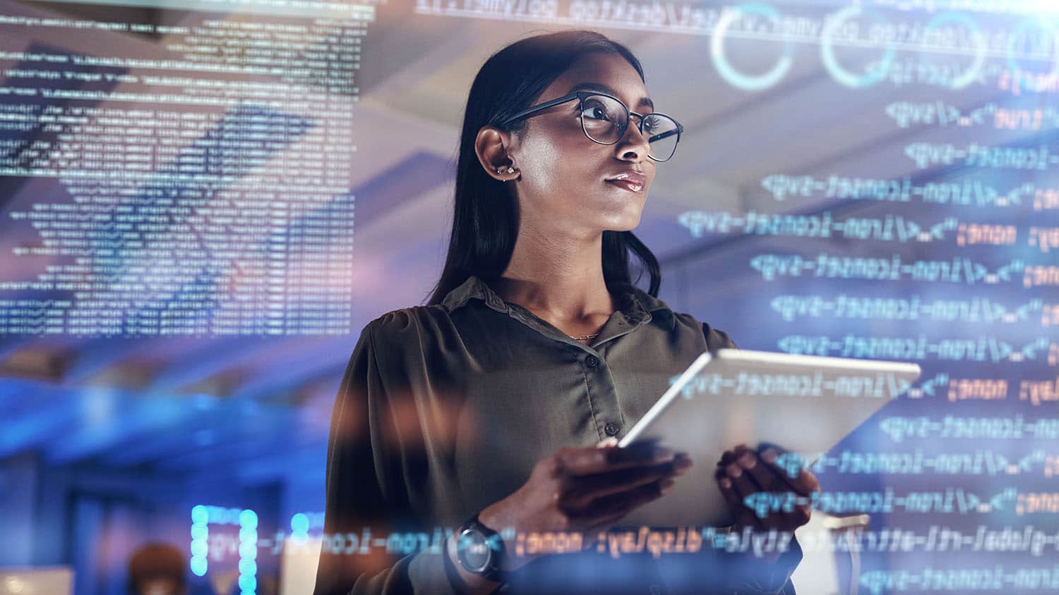 Software, coding hologram and woman on tablet thinking of data analytics, digital technology and night overlay. Programmer or IT person in glasses on a 3D screen